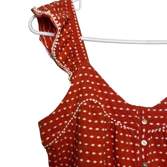 Lucky Brand M Red Orange Coral Dot Blouse Sleeveless Button Up Ruffle Top Tomato - Picture 3 of 5